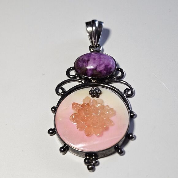 **Sale** Sterling Silver Mother Of Pearl And Purple Semiprecious Gemstone - Picture 10 of 10